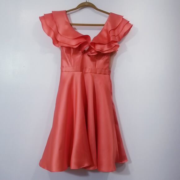 Sherri Hill Coral Formal Dress with Ruffles Fit & Flare Side Sheer Pockets - Picture 1 of 12